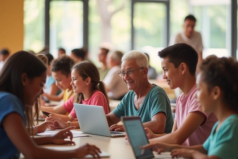 A vibrant community learning center in Lyon where individuals of all ages are engaged in digital skills workshops.